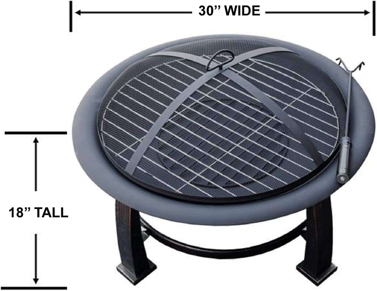 Hiland F FT-235 Wood Burning Fire Pit w/Cooking Grate and Domed Mesh, 30&#34;, Black