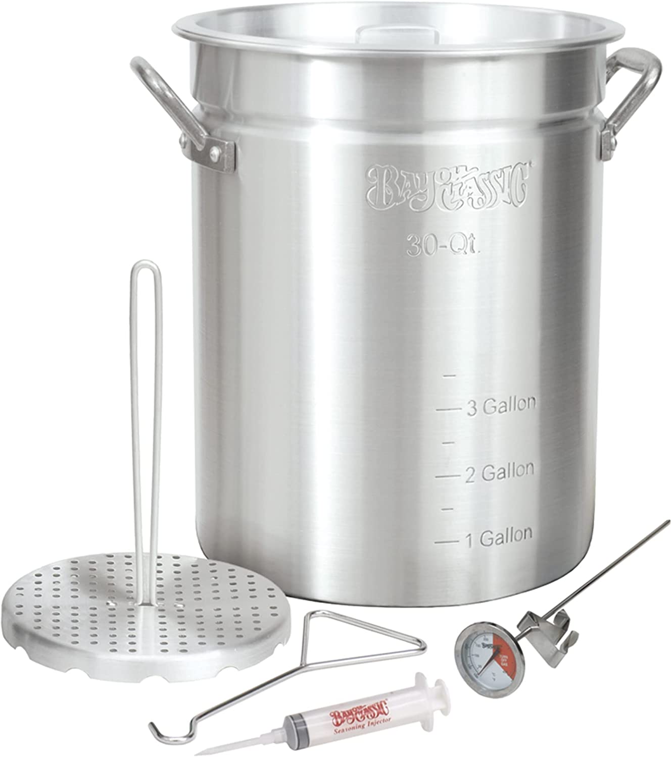 Bayou Classic 3025 30-qt Aluminum Turkey Fryer Set Features 30-qt Aluminum Turkey Fryer Pot Perforated Poultry Rack &amp; Hook 12-in Stainless Thermometer 1-oz Seasoning Injector