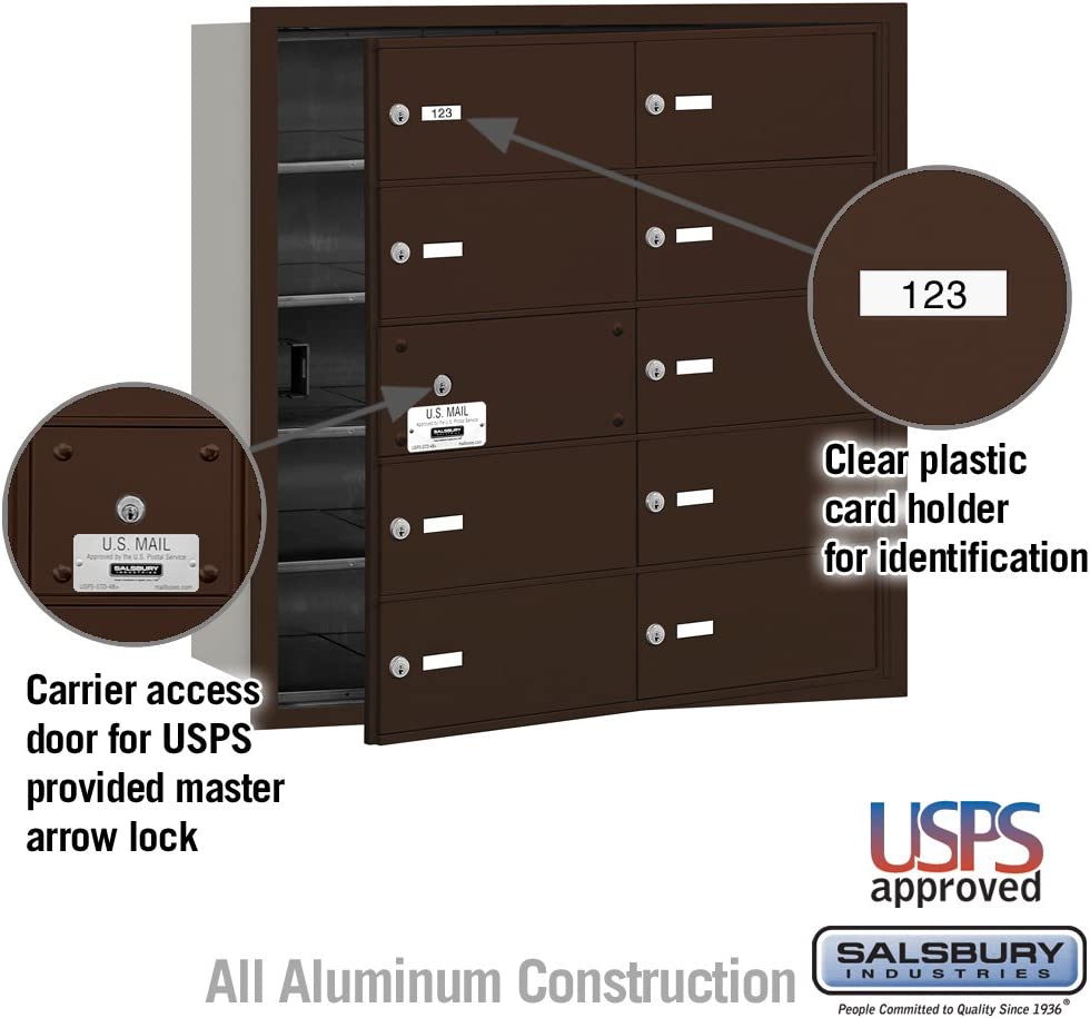 Salsbury Industries 3610ZFU 4B Plus Horizontal Mailbox, 10 B Doors 9 Usable, Front Loading, USPS Access, Bronze