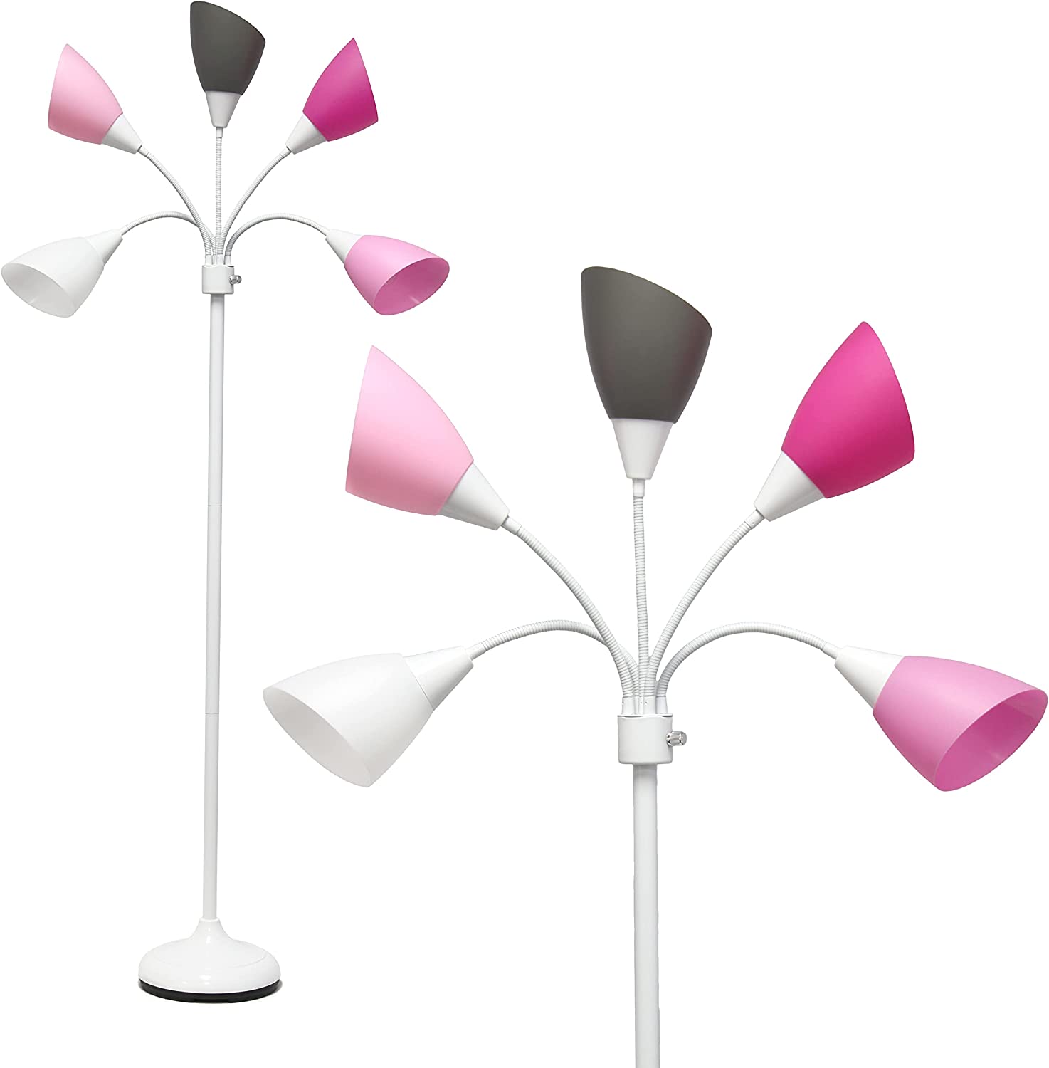 Simple Designs LF2006-WPG 67" Contemporary Multi Head Medusa 5 Light Adjustable Gooseneck White Floor Lamp with Pink, White, Gray Shades for Kids Bedroom Playroom Living Room Office