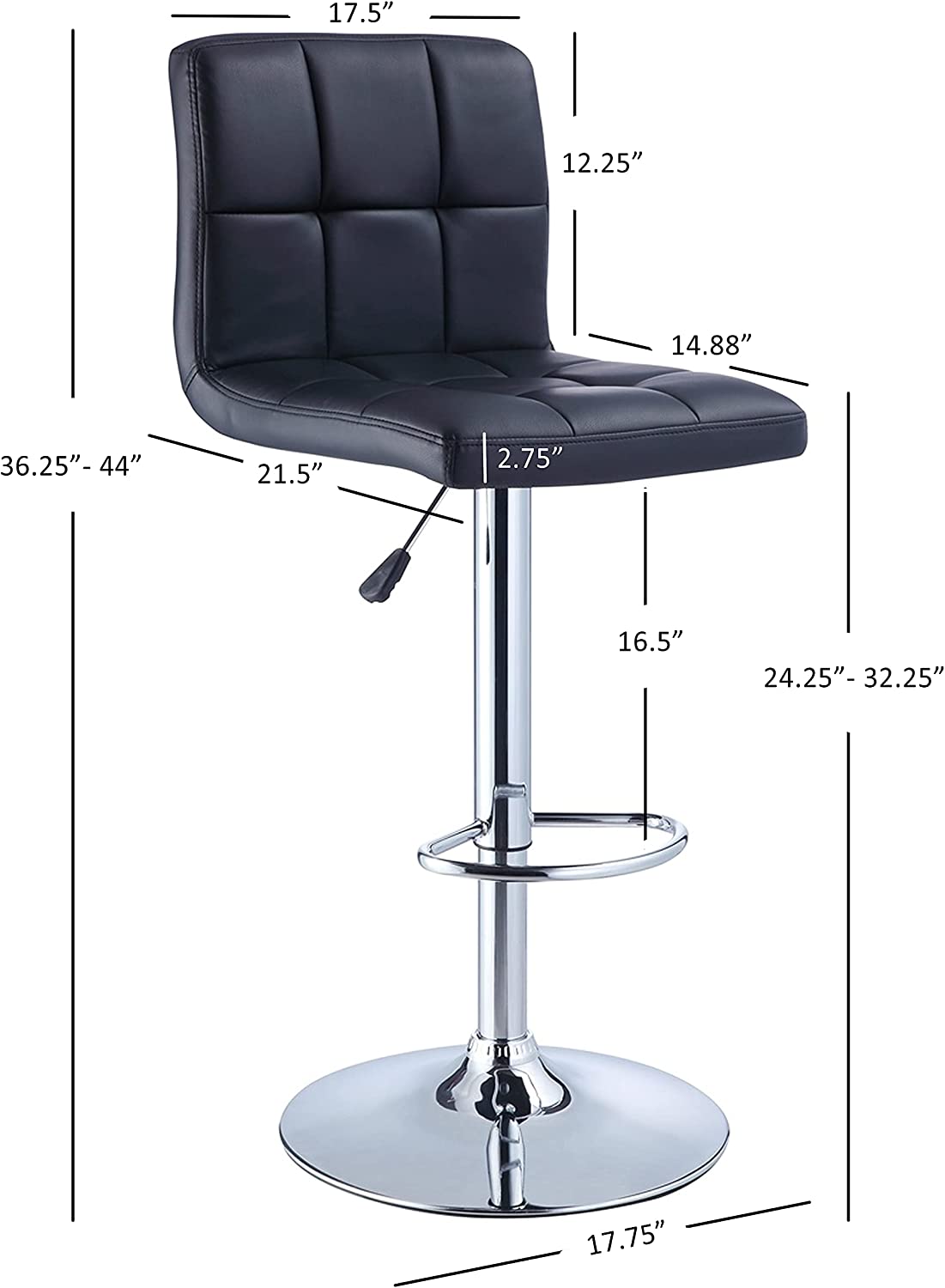 Powell Black Quilted Faux Leather &amp; Chrome Adjustable Height Barstool