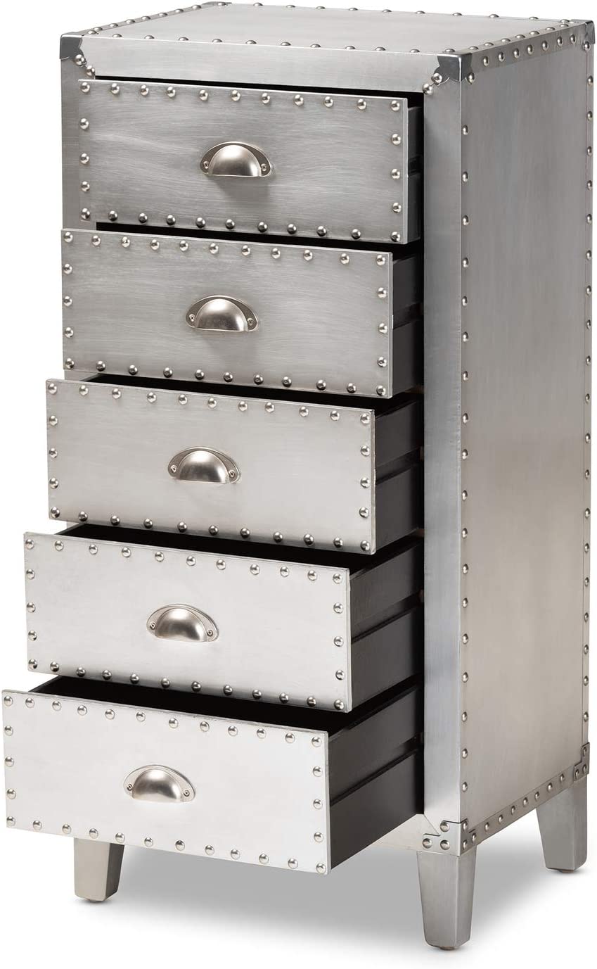 Baxton Studio Carel French Industrial Silver Metal 5-Drawer Accent Chest