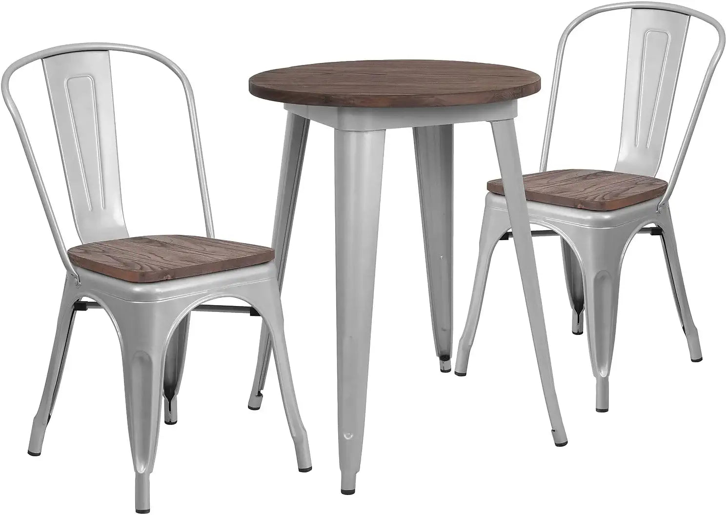 Flash Furniture 24&#34; Round Metal Table Set with Wood Top and 2 Stack Chairs, Silver