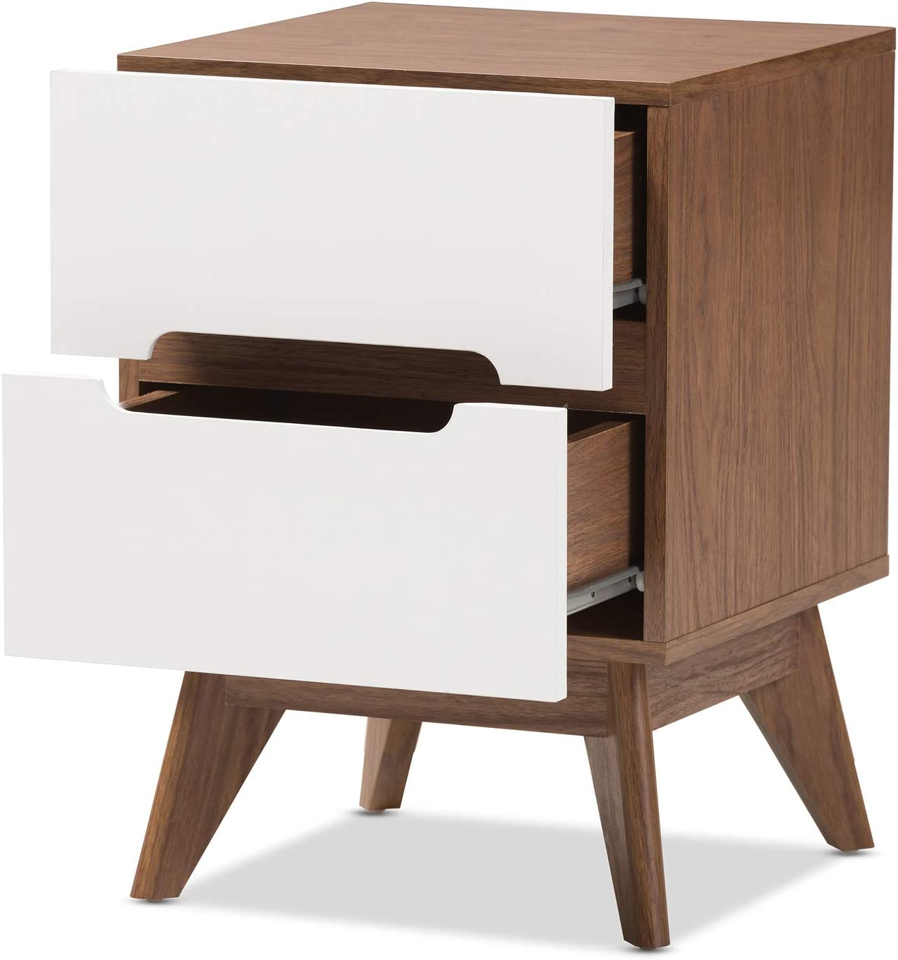 Baxton Studio Calypso Mid-Century Modern White and Walnut Wood 3-Drawer Storage Nightstand/Mid-Century/Particle Board/MDF with PU Paper/White/Walnut Brown