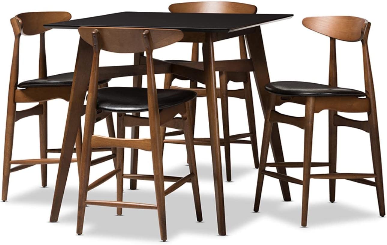 Baxton Studio Flora Mid-Century Modern Black Faux-Leather Upholstered Walnut Finished 5-Piece Pub Set Black//Medium Wood/Mid-Century/Table/Faux Leather/Rubber Wood/Foam