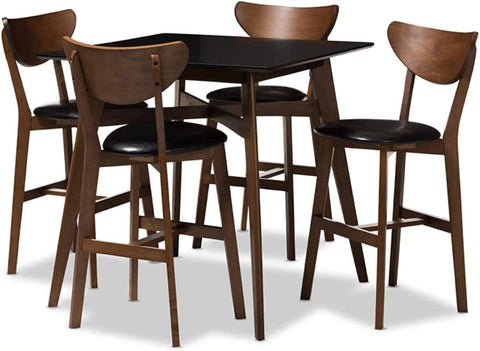 Baxton Studio Eline Mid-Century Modern Black Faux Leather Upholstered Walnut Finished 5-Piece Pub Set Black//Medium Wood/Mid-Century/Table/Faux Leather/Rubber Wood/Foam