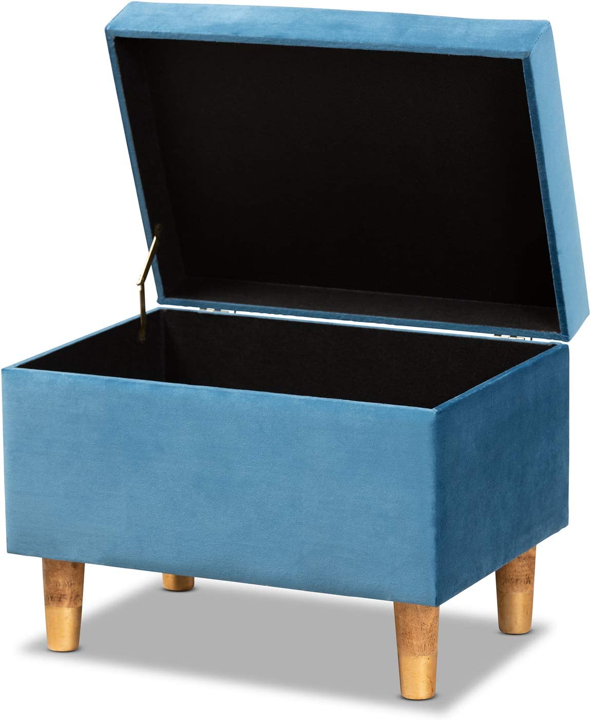 Baxton Studio Elias Modern and Contemporary Sky Blue Velvet Fabric Upholstered and Oak Brown Finished Wood Storage Ottoman