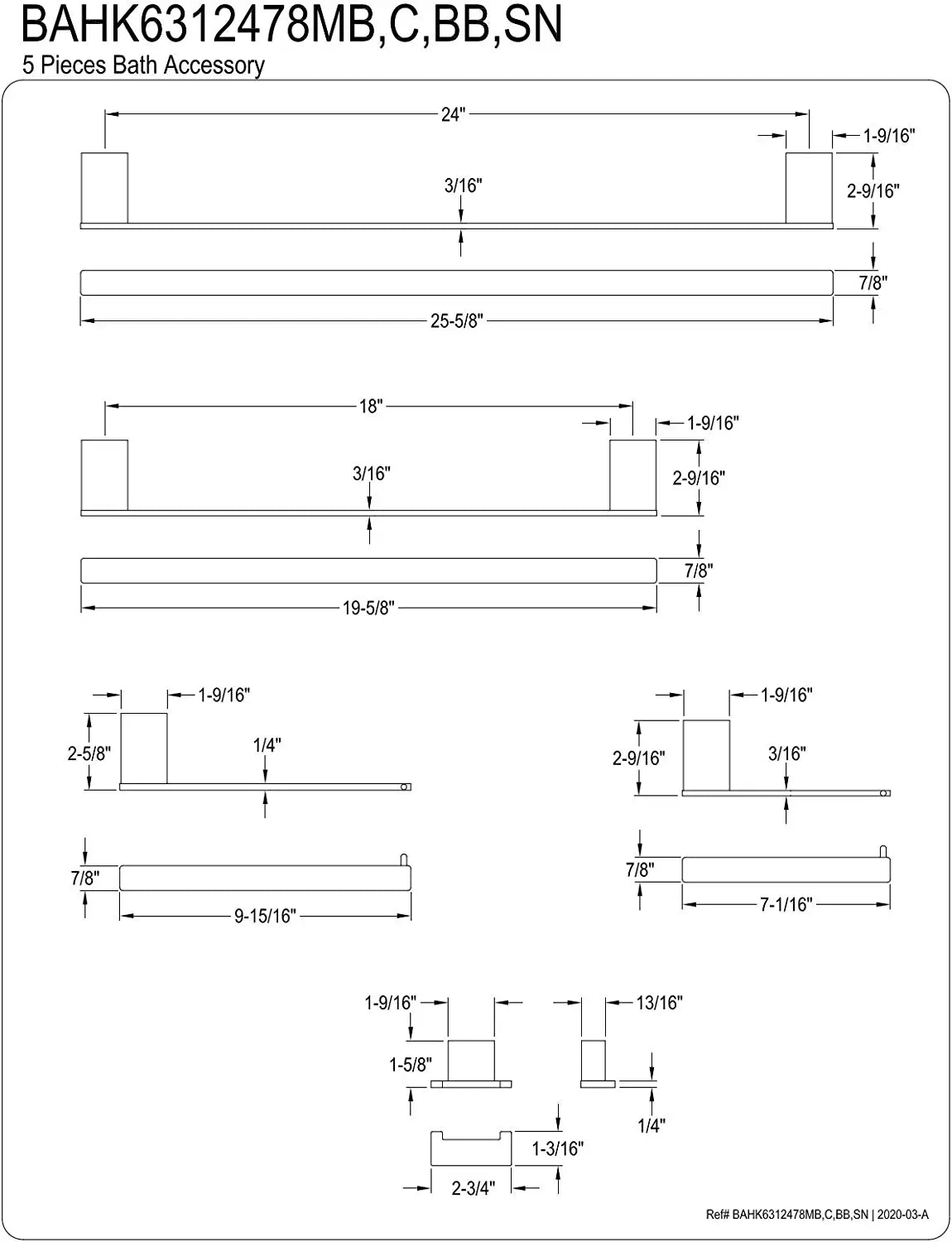 Kingston Brass BAHK6312478SN Metzinger Bathroom Hardware Set, Brushed Nickel