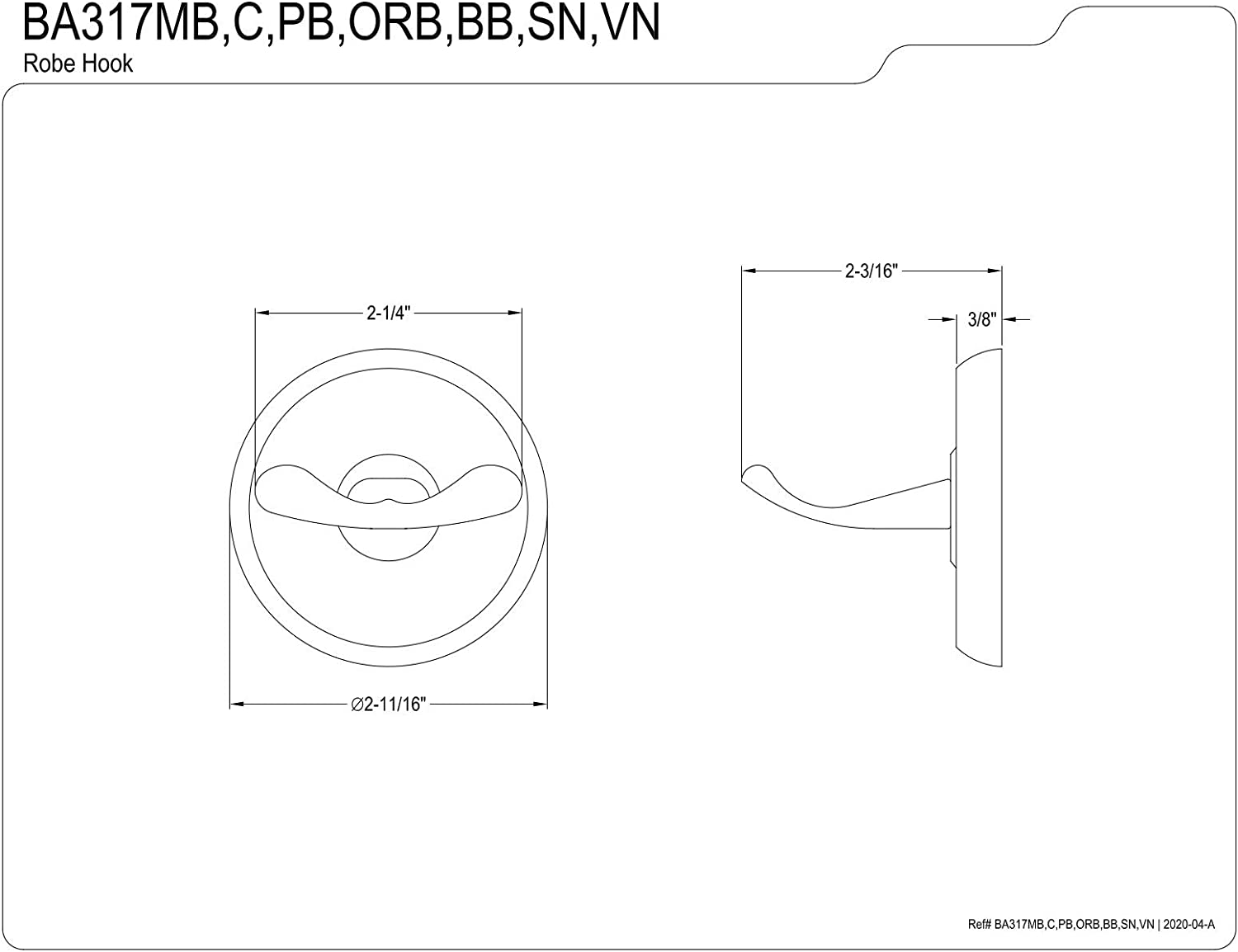 Kingston Brass BA317MB Classic Robe Hook, Matte Black