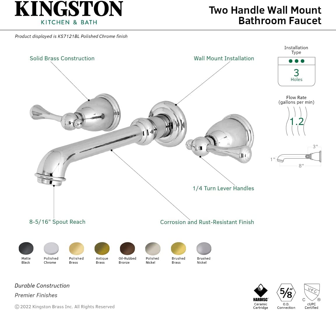 Kingston Brass KS7123BL 8-Inch Center Wall Mount Bathroom Faucet, Antique Brass