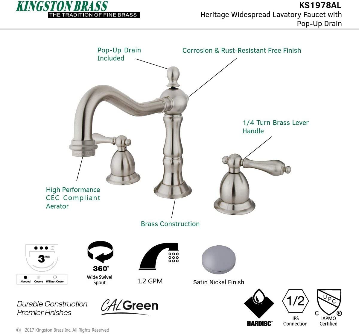 Kingston Brass KS1978AL Heritage Widespread Lavatory Faucet with Metal lever handle, Brushed Nickel