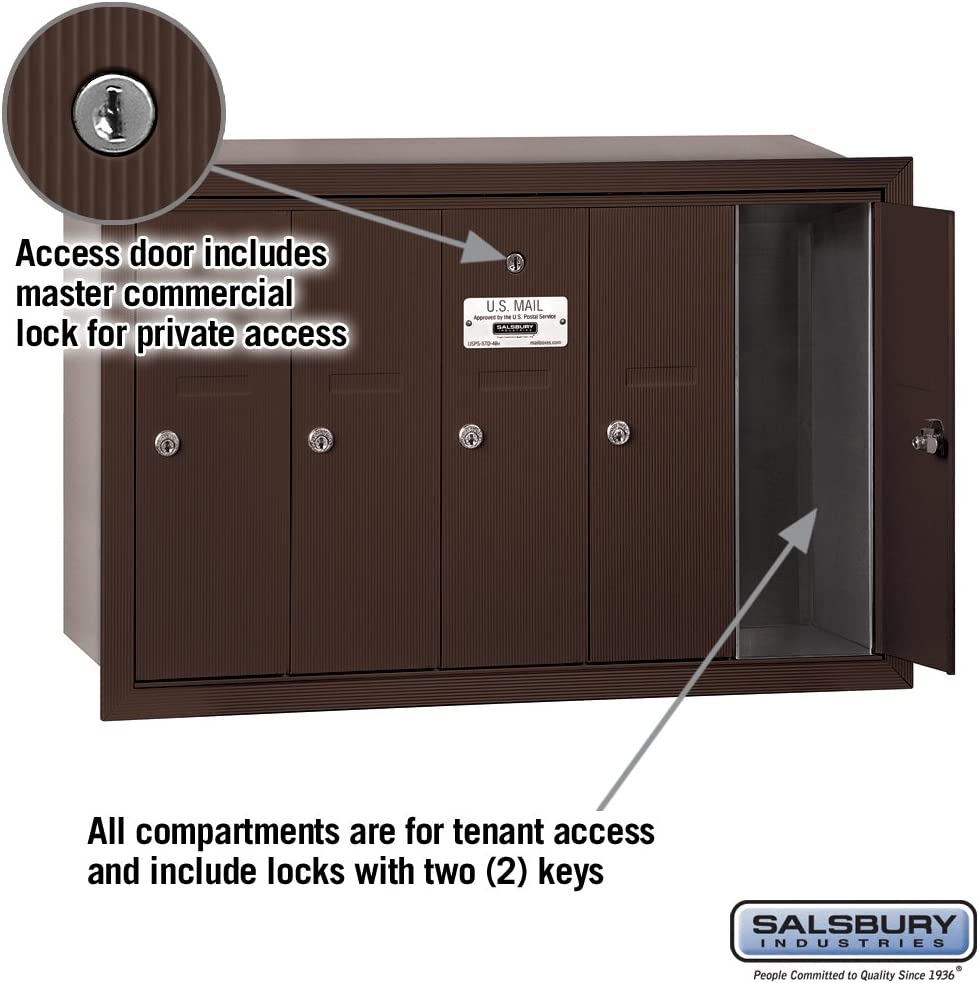 Salsbury Industries 3505ZRP Recessed Mounted Vertical Mailbox with Master Commercial Lock, Private Access and 5 Doors, Bronze