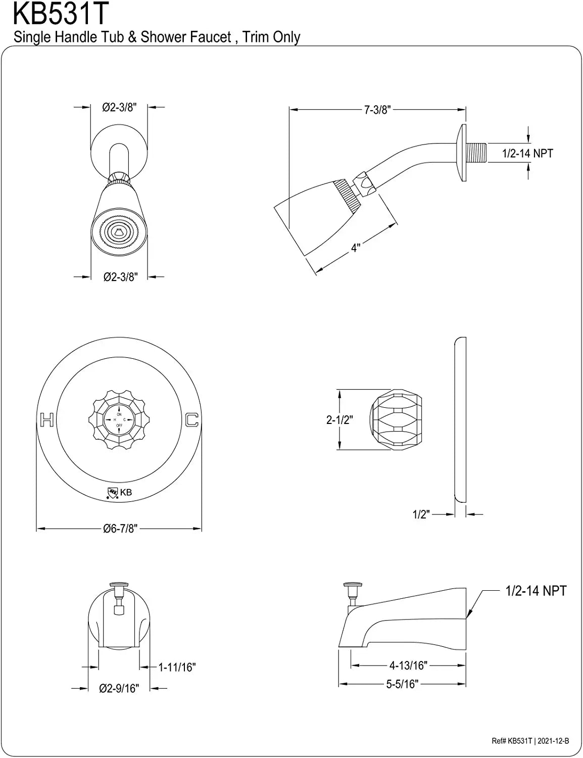 Kingston Brass KB531T Tub and Shower Faucet Trim Only, Polished Chrome