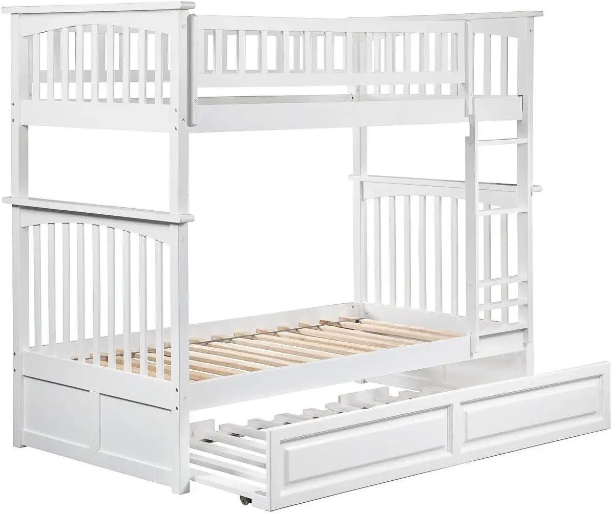 Atlantic Furniture Columbia Bunk Bed Twin Over Twin with Twin Raised Panel Trundle Bed in White