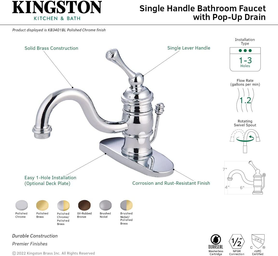 Kingston Brass KB3401BL Victorian 4-Inch Centerset Lavatory Faucet, Polished Chrome with Metal lever handle