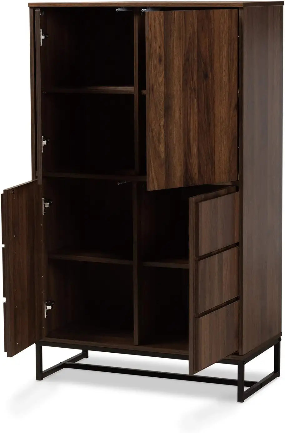 Baxton Studio Neil Modern and Contemporary Walnut Brown Finished Wood and Black Finished Metal Multipurpose Storage Cabinet