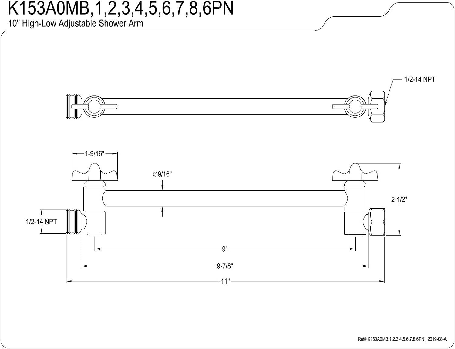 Kingston Brass K153A4 Plumbing Parts 10-Inch Adjustable High-Low Shower Arm, Black Stainless