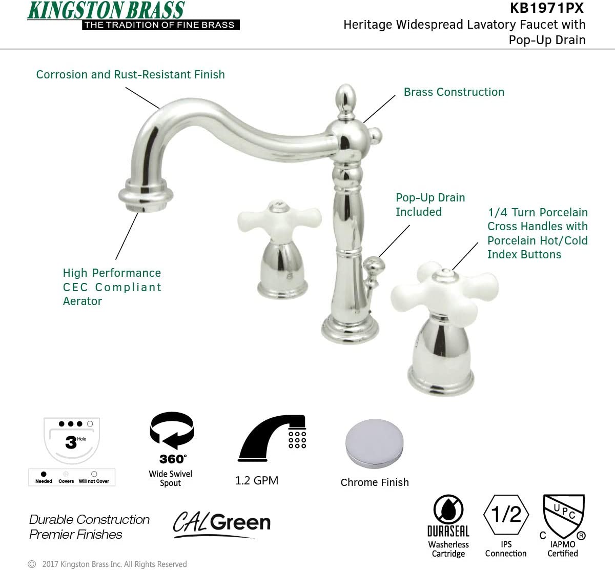 Kingston Brass KB1973PX 8 in. Widespread Bathroom Faucet, Antique Brass