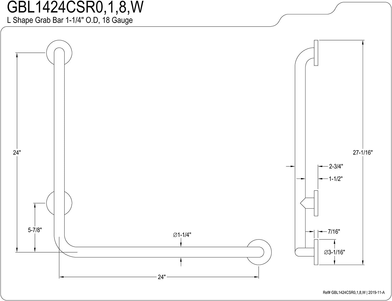 Kingston Brass GBL1424CSR8 24&#34;x 24&#34; L-Shaped Grab Bar - Right Hand, Brushed Nickel