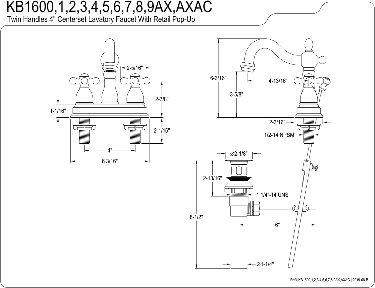 Kingston Brass KB1604AX Heritage 4&#34; Centerset Lavatory Faucet with Metal Cross Handle, Chrome/Polished Brass