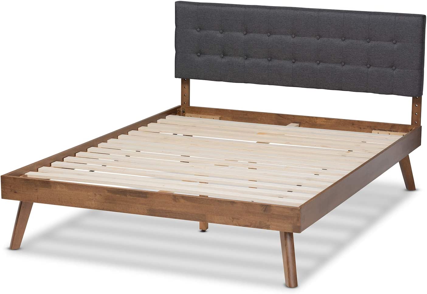 Baxton Studio Devan Mid-Century Modern Dark Grey Fabric Upholstered Walnut Brown Finished Wood Queen Size Platform Bed