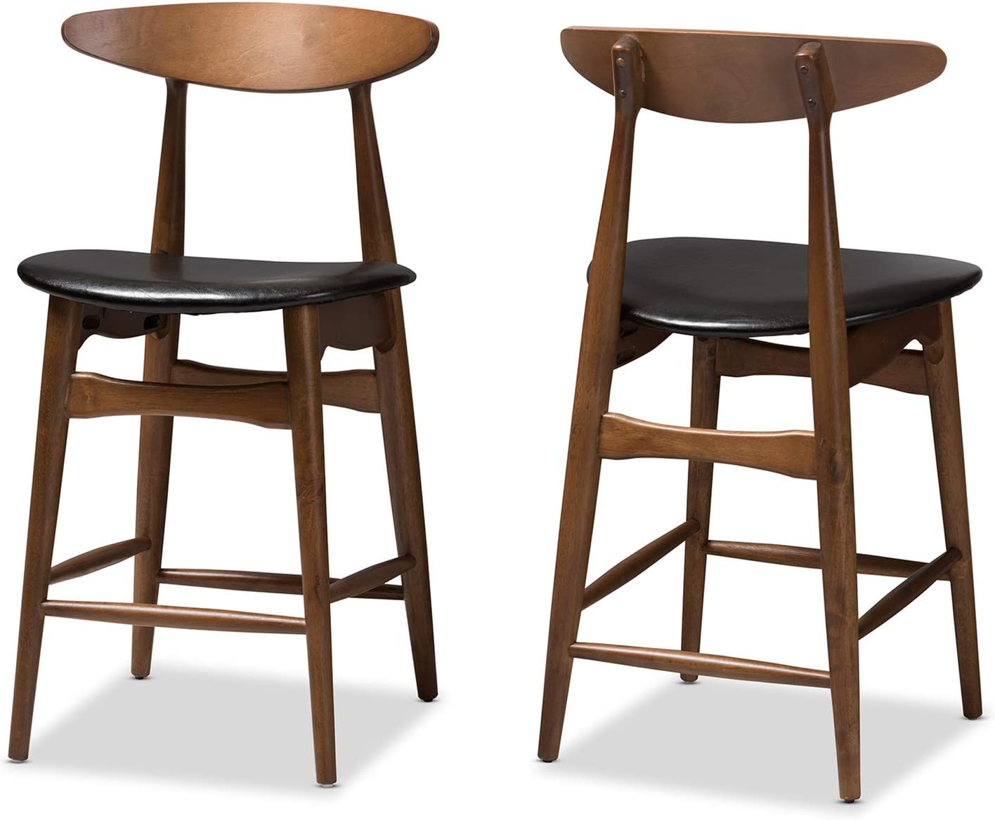 Baxton Studio Flora Mid-Century Modern Black Faux Leather Upholstered Walnut Finished Counter Stool Set Black/Qty 2/Medium Wood/Mid-Century/Faux Leather/Rubber Wood/Foam