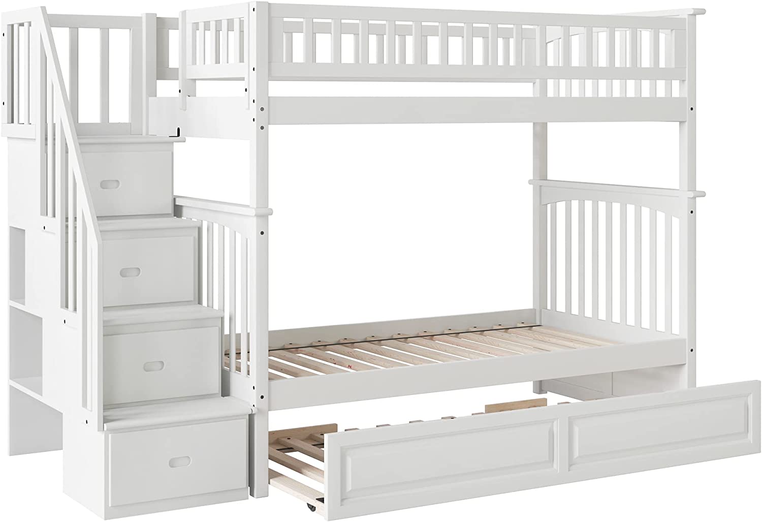 AFI Columbia Staircase Bunk with Turbo Charger and Twin Size Raised Panel Trundle, Twin/Twin, White