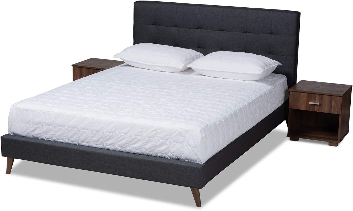 Baxton Studio Maren Mid-Century Modern Dark Grey Fabric Upholstered Queen Size Platform Bed with Two Nightstands