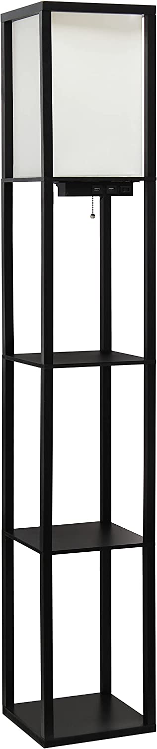 Simple Designs LF1037-BLK Organizer Storage Shelf with 2 Ports, 1 Charging Outlet and Linen Shade USB Etagere Floor Lamp, Black