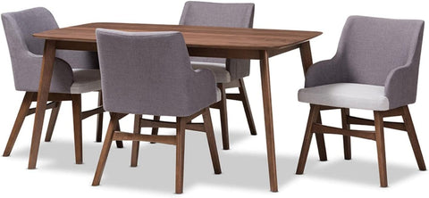 Baxton Studio Monte Mid-Century Modern Walnut Wood Rectangular 5-Piece Dining Set Grey//Medium Wood/Mid-Century/Table/Fabric Polyester 100%&#34;/Rubber Wood/Solid Wood/MDF/Foam