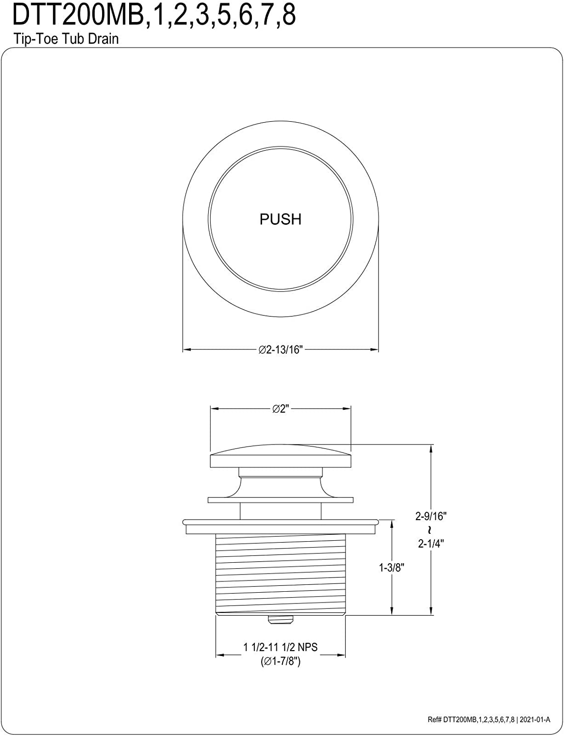 Kingston Brass DTT201 Made to Match Tub Drain, Polished Chrome