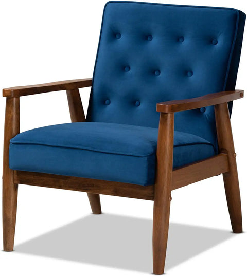Baxton Studio Sorrento Mid-century Modern Navy Blue Velvet Fabric Upholstered Walnut Finished Wooden Lounge Chair