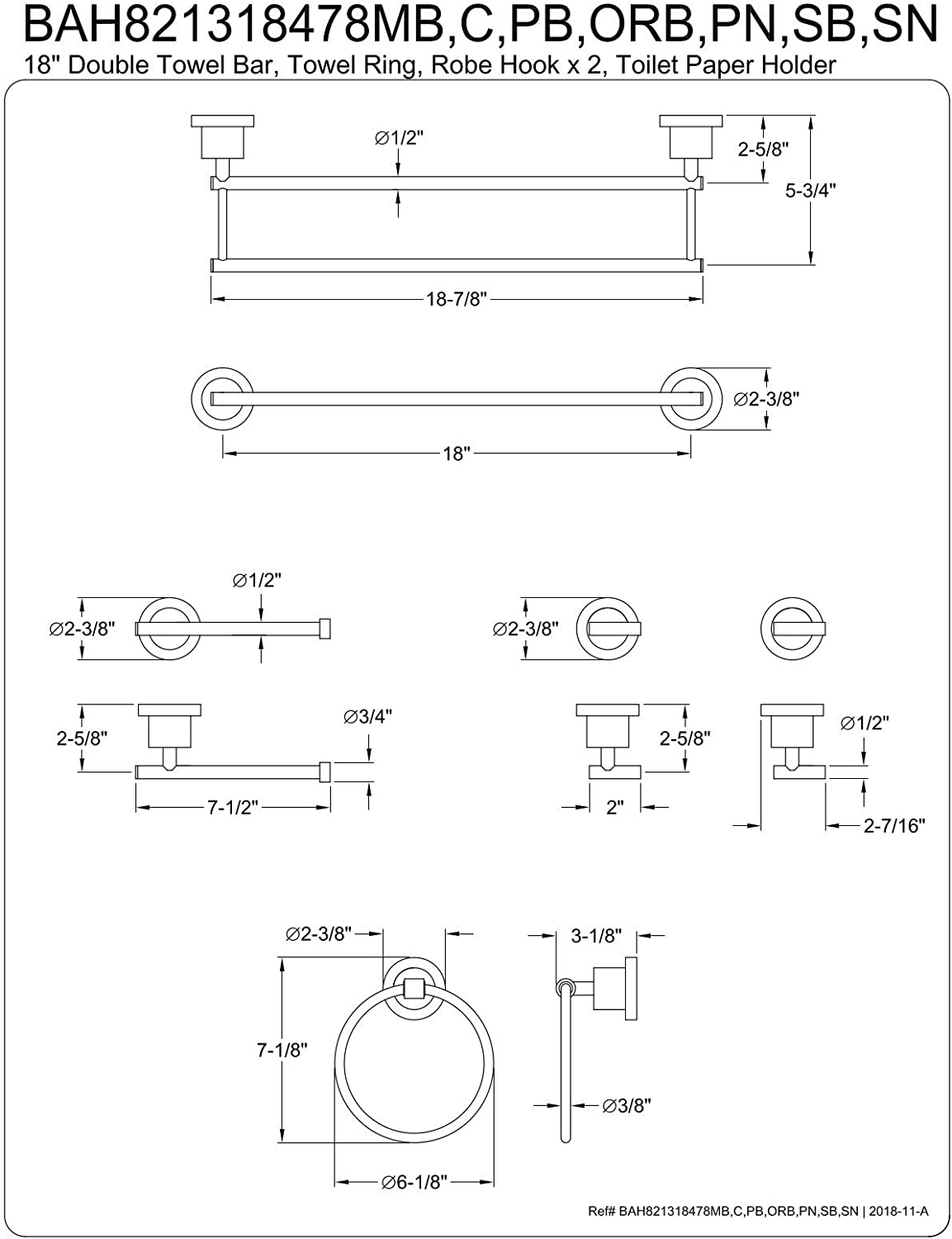 Kingston Brass BAH821318478MB Concord Bathroom Hardware Set, Matte Black