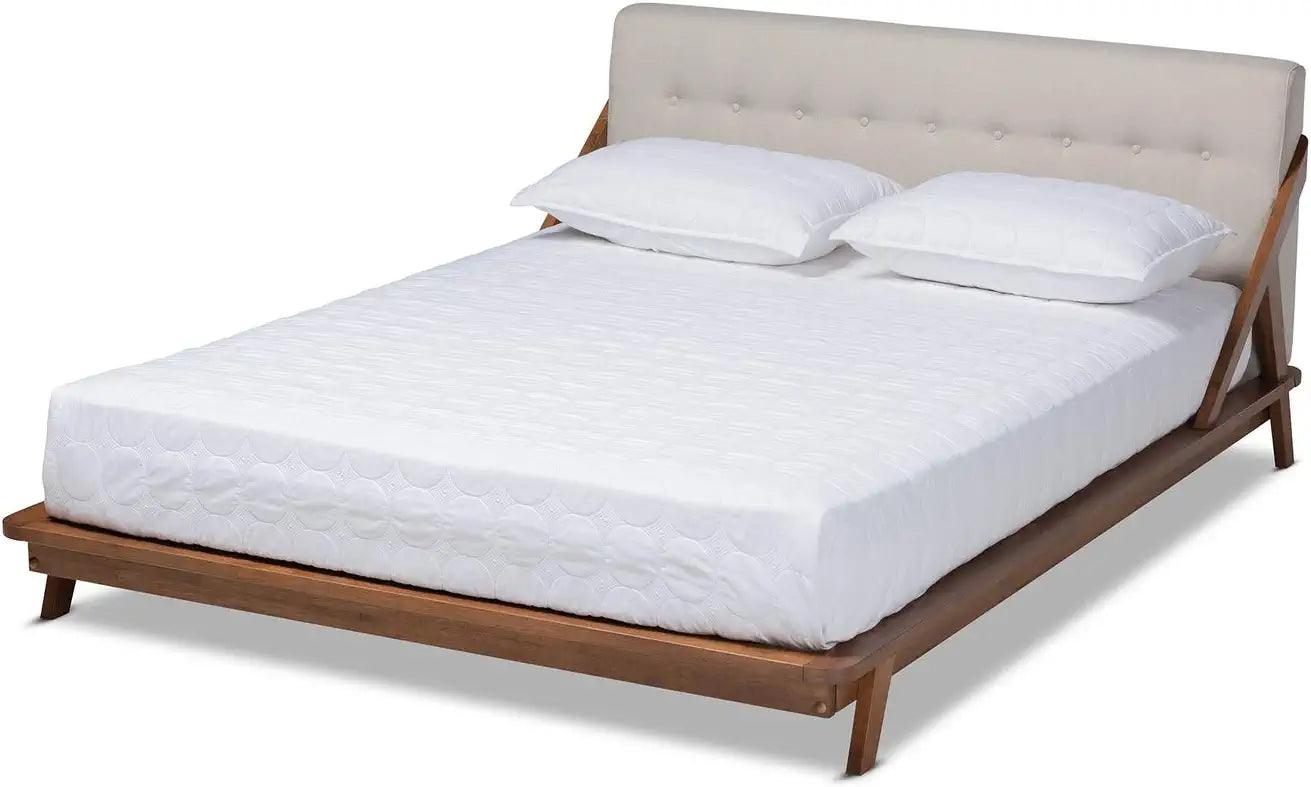 Baxton Studio Sante Mid-Century Modern Light Beige Fabric Upholstered Wood Full Size Platform Bed