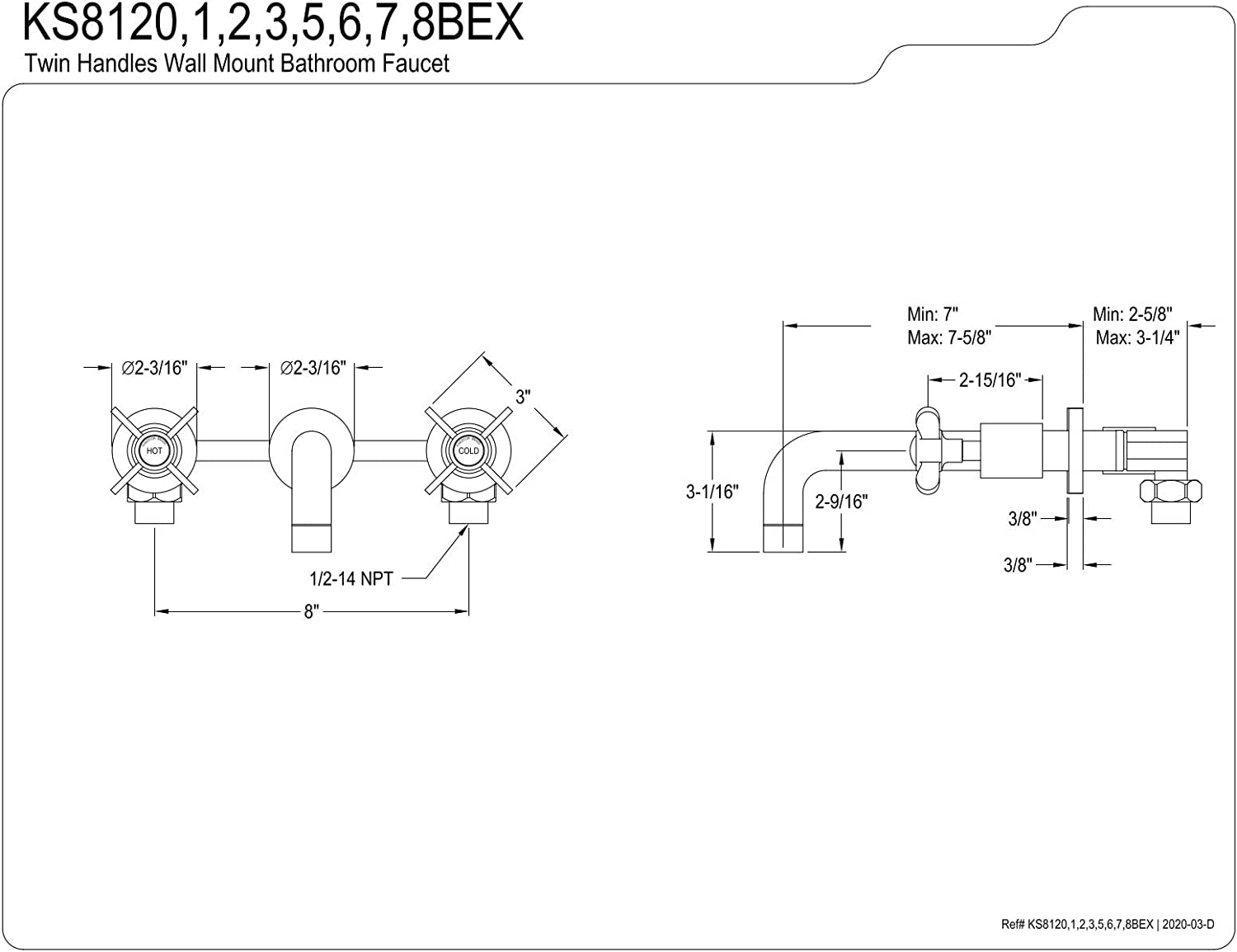 Kingston Brass KS8123BEX Essex 2-Handle 8 in. Wall Mount Bathroom Faucet, Antique Brass