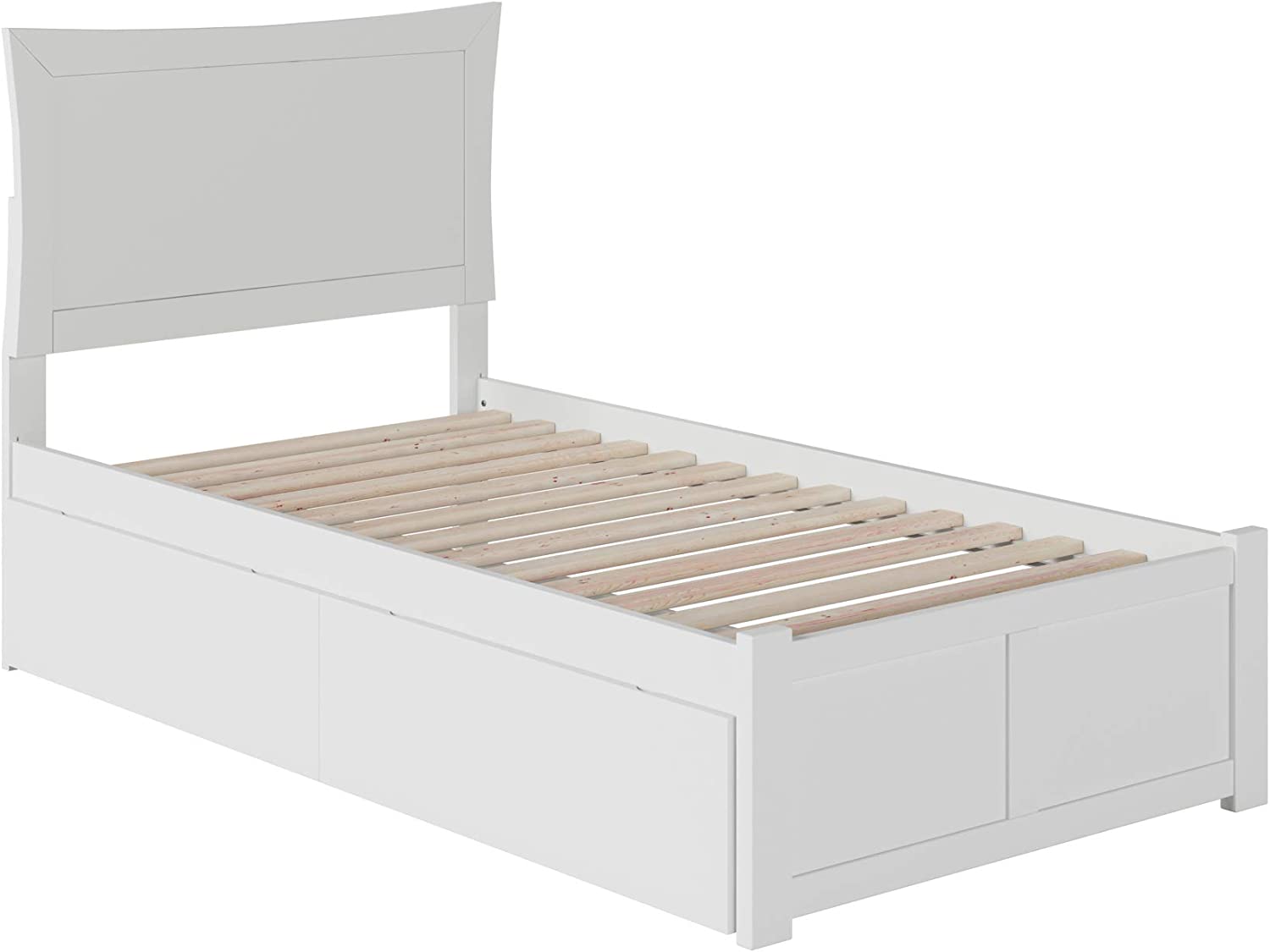 Metro Twin Extra Long Platform Bed with Flat Panel Footboard and Turbo Charger with Urban Bed Drawers in White