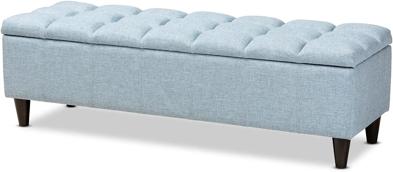 Baxton Studio Brette Mid-Century Modern Light Blue Fabric Upholstered Dark Brown Finished Wood Storage Bench Ottoman