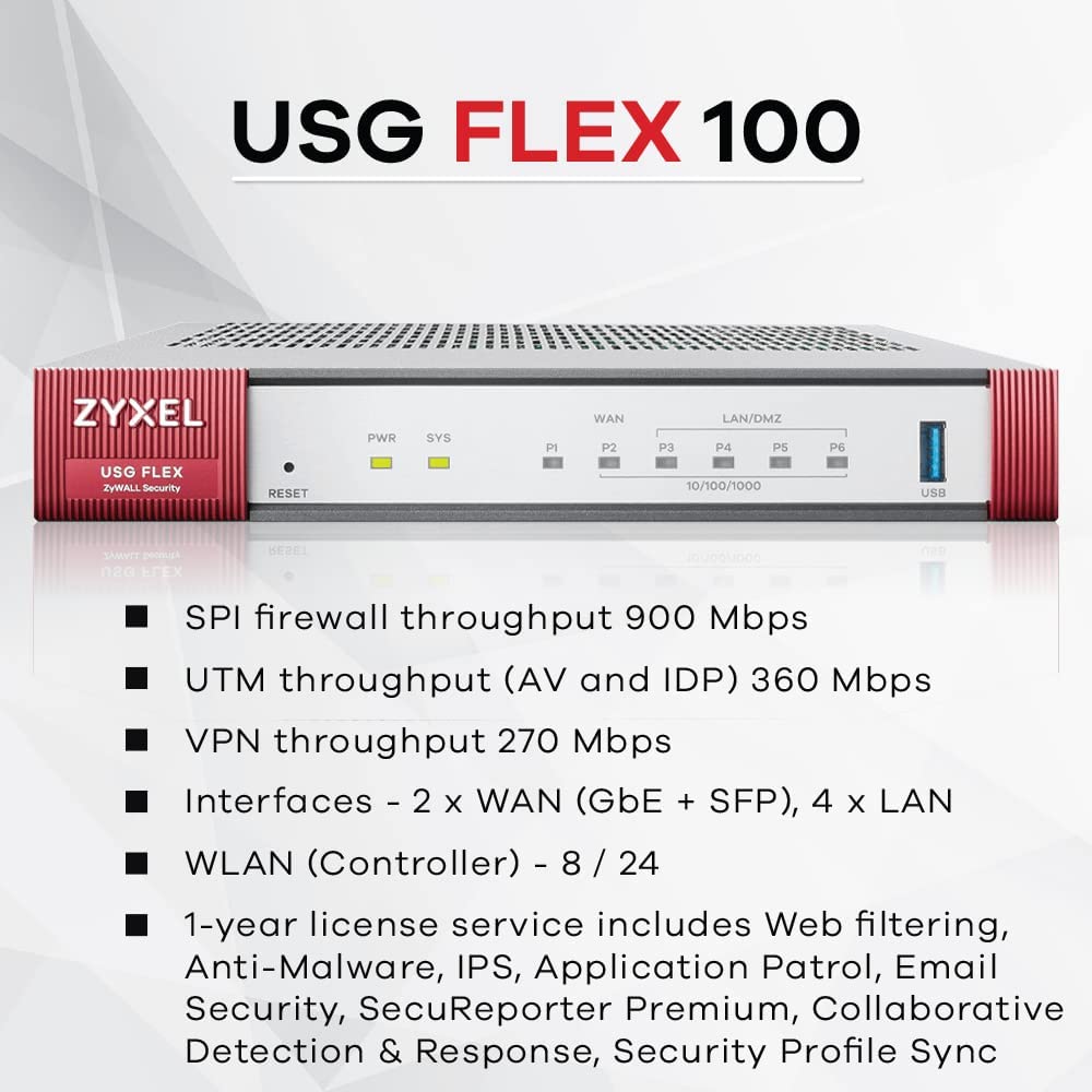 Zyxel USG Flex 100 (USG40 v2), UTM Firewall Hardware Only, Recommended up to 25 Users [USGFLEX100]