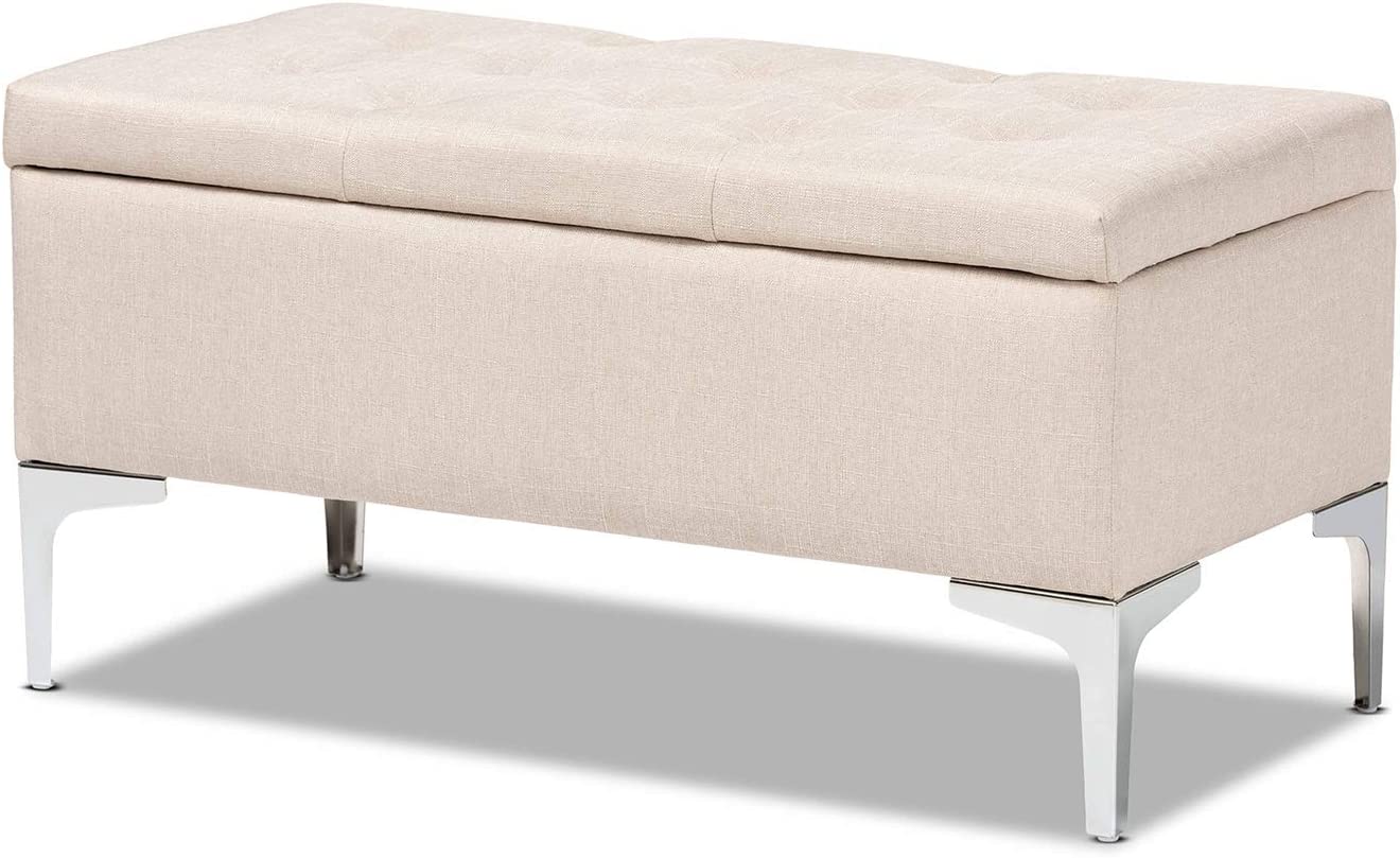 Baxton Studio Mabel Modern and Contemporary Transitional Light Blue Fabric Upholstered and Silver Finished Metal Storage Ottoman