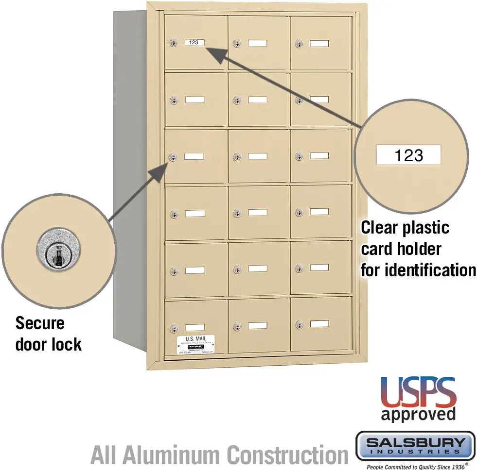 Salsbury Industries 3618SRU 4B Plus Horizontal Mailbox, 18 A Doors, Rear Loading, USPS Access, Sandstone