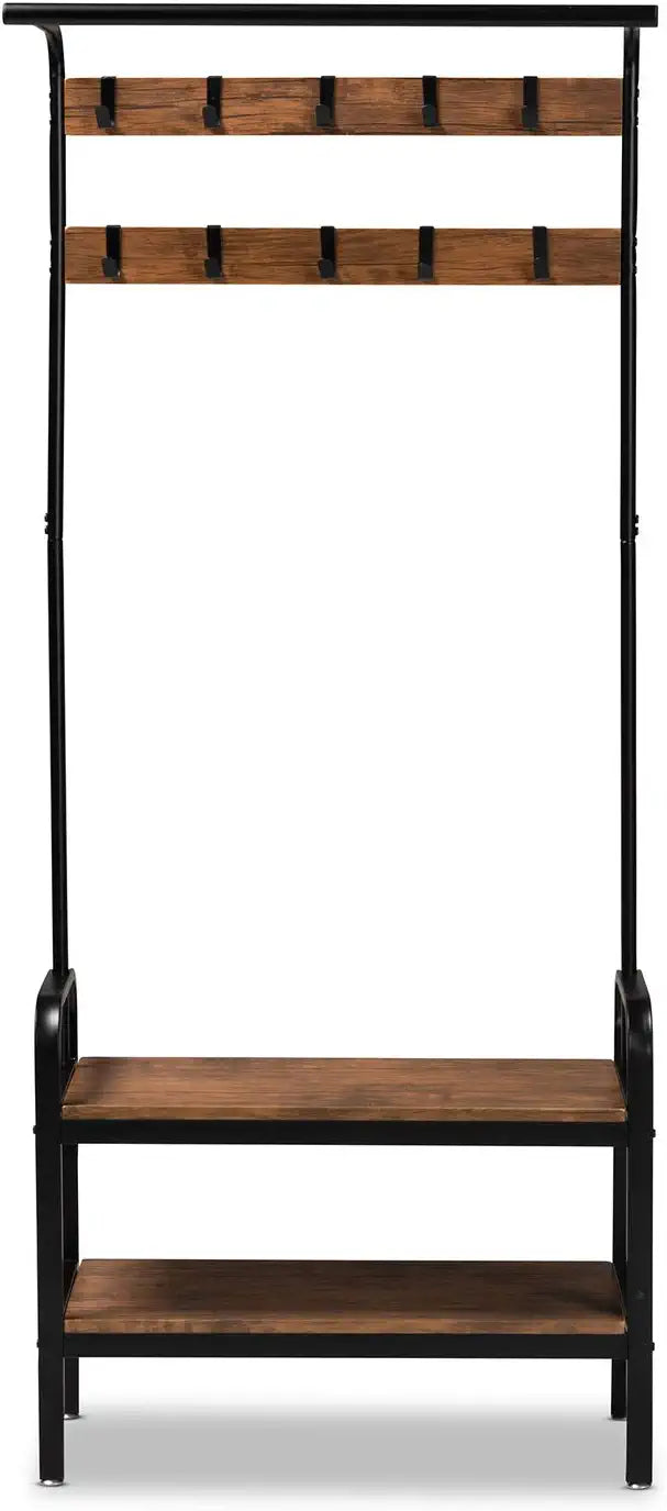 Baxton Studio Aislin Vintage Rustic Industrial Distressed Wood and Black Metal Finished Entryway Hall Tree