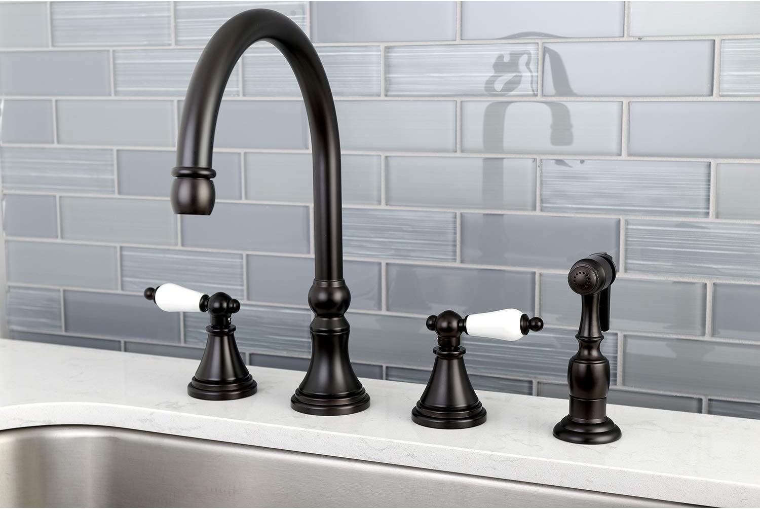 Kingston Brass KS2795PLBS 8-Inch Deck Mount Kitchen Faucet with Brass Sprayer, Oil Rubbed Bronze