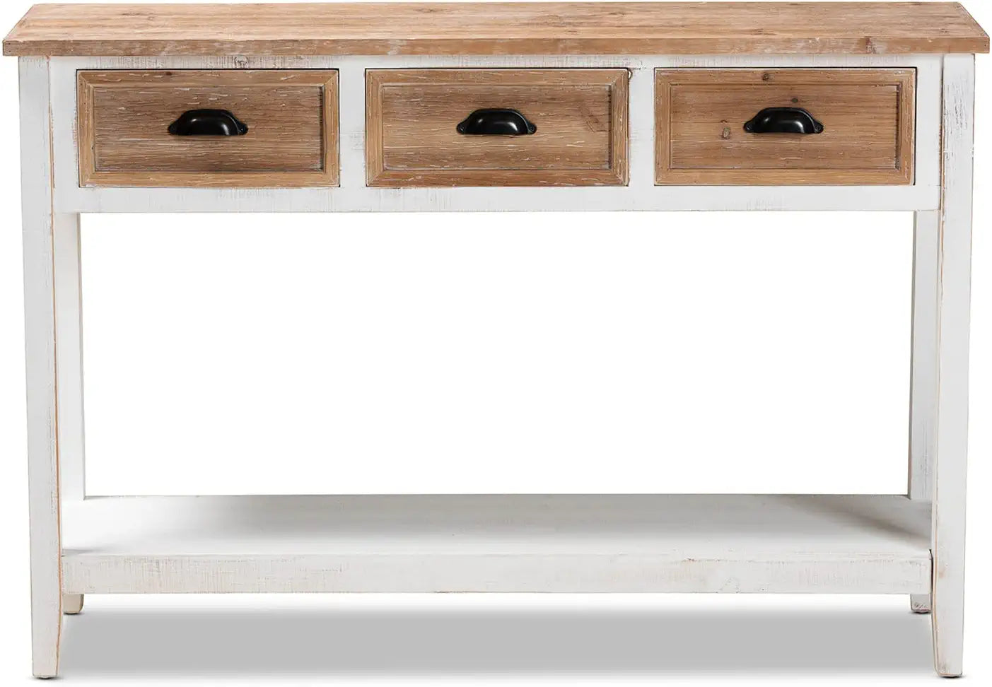 Baxton Studio Benedict Traditional Farmhouse and Rustic Two-Tone White and Oak Brown Finished Wood 3-Drawer Console Table