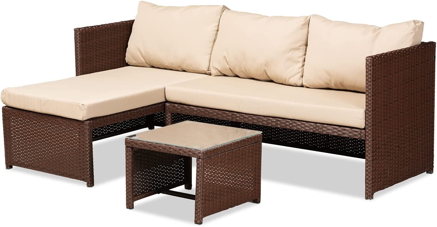 Baxton Studio Carlton Modern and Contemporary Sand Fabric Upholstered and Brown Finished Woven PE Rattan 3-Piece Outdoor Patio Lounge Set