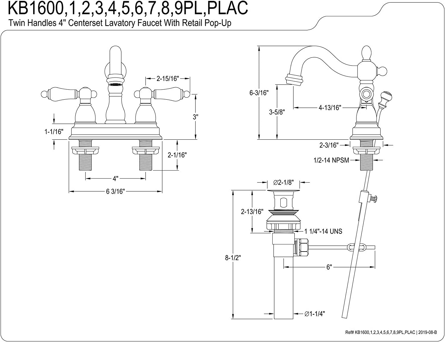 Kingston Brass KB1600PL Heritage 4&#34; Centerset Bathroom Faucet, Matte Black