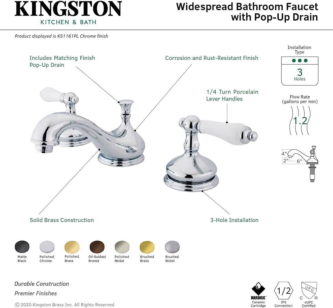 Kingston Brass KS1165PL Heritage Widespread Lavatory Faucet with Porcelain Lever Handle, Oil Rubbed Bronze