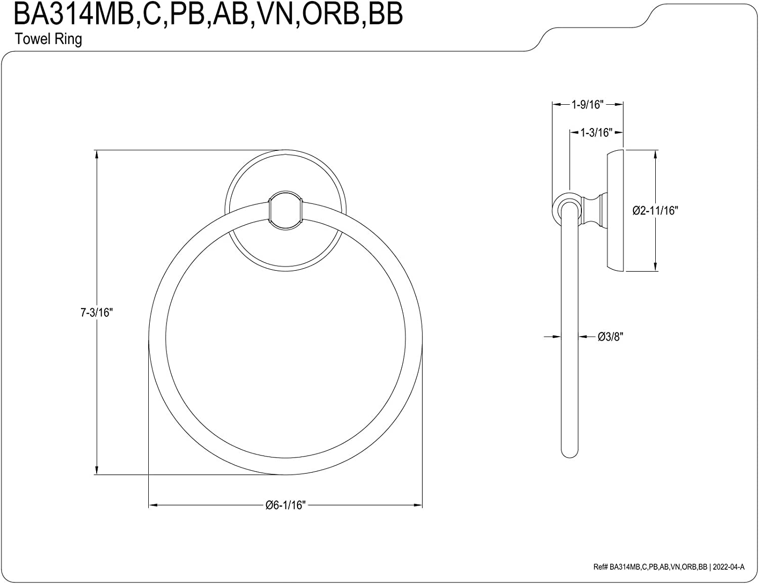 Kingston Brass BA314MB Classic Towel Ring, Matte Black