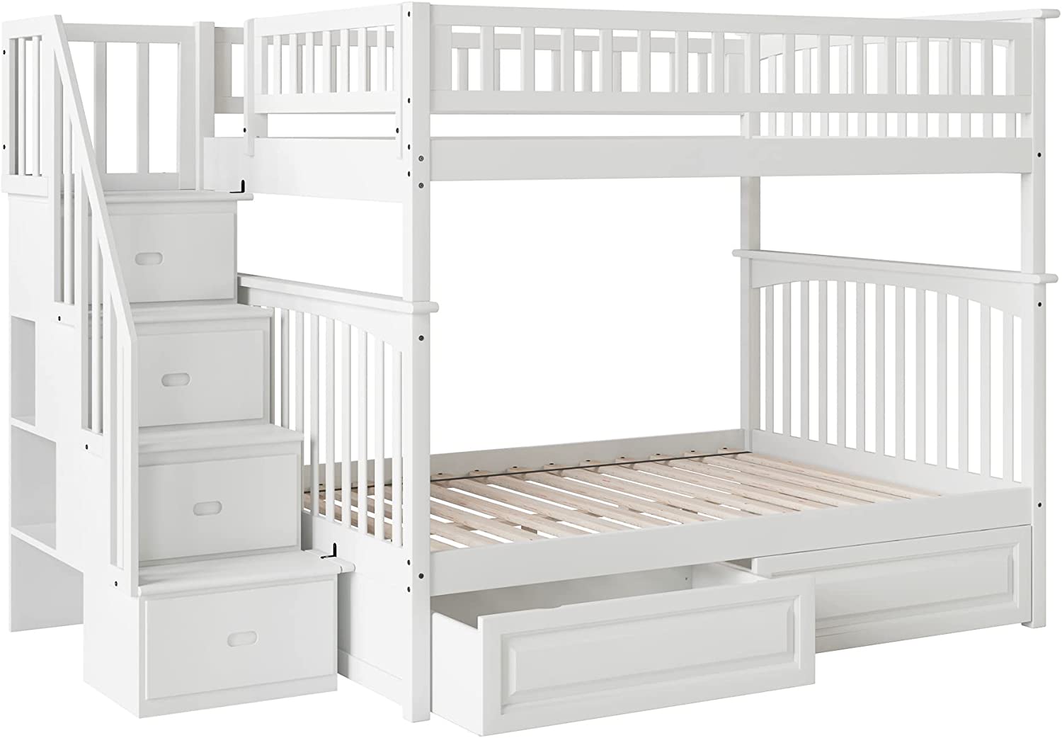 AFI Columbia Staircase Bunk with Turbo Charger and Raised Panel Bed Drawers, Full over Full, White