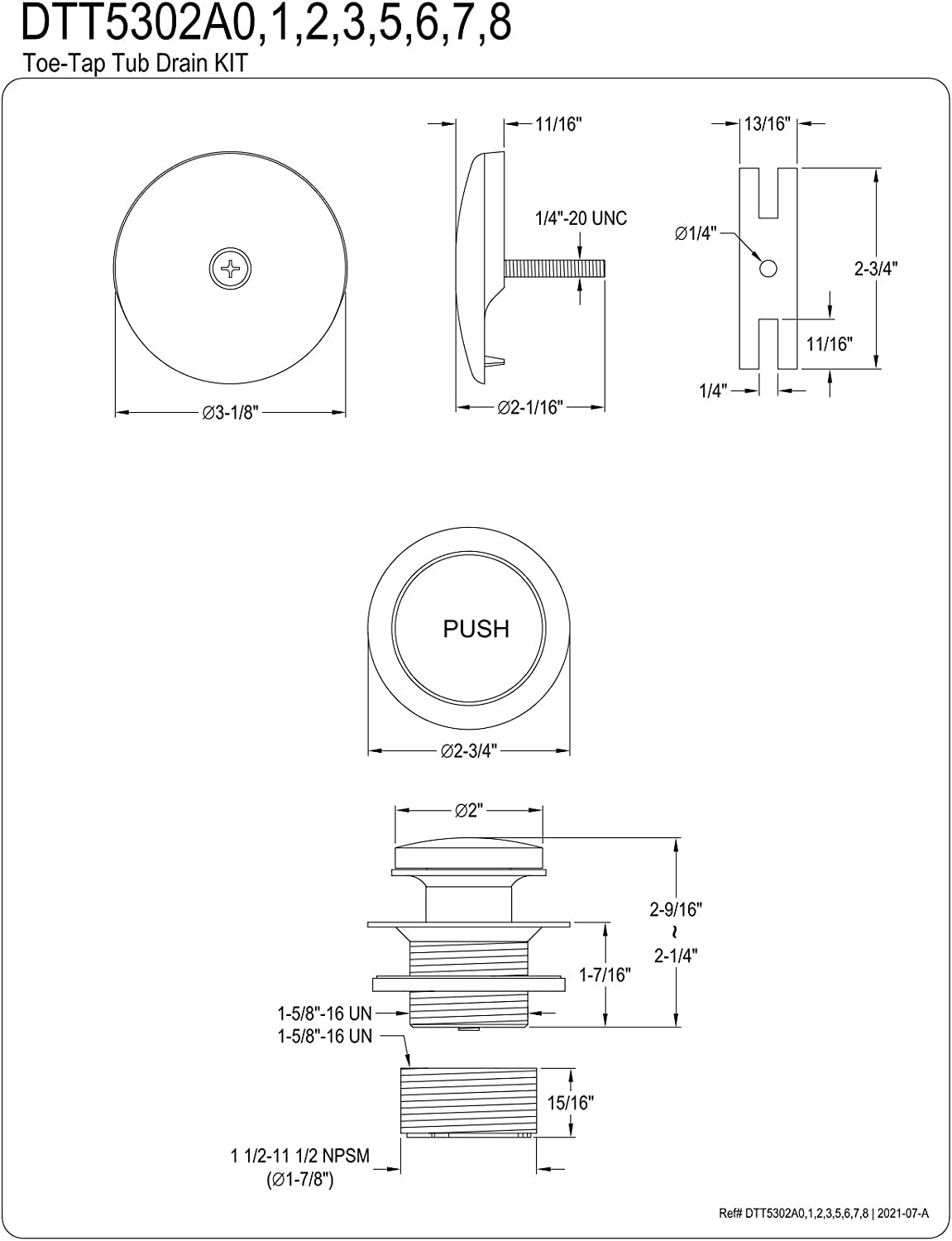 Kingston Brass DTT5302A6 Made to Match Easy Touch Toe-Tap Drain Conversion Kit, Tub, Polished Nickel