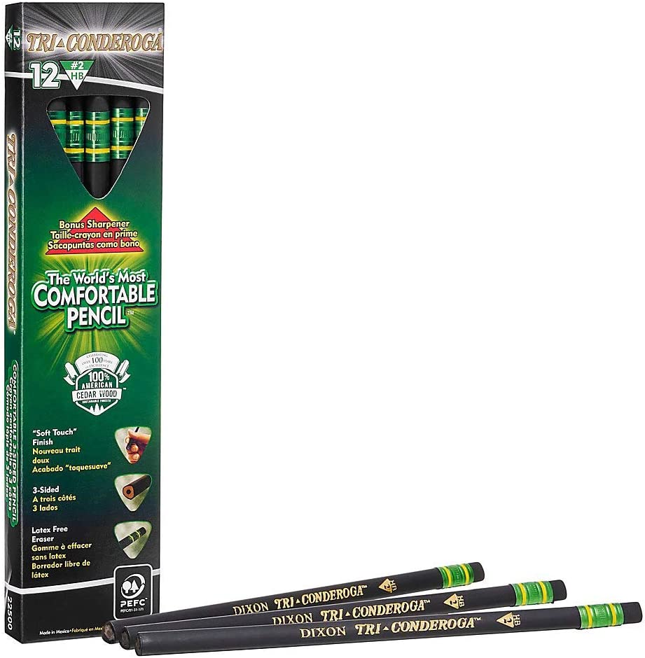 Ticonderoga Tri-Conderoga Triangular Pencils, Wood-Cased #2, Sharpener, Soft Touch Comfort Barrel, Black, 12-Pack (22500)